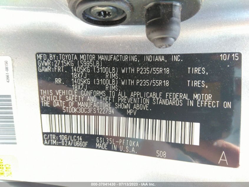 2015 TOYOTA SIENNA LTD/XLE/XLE PREMIUM - 5TDDK3DC3FS122794
