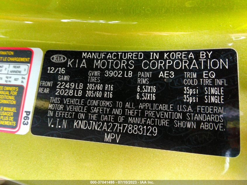 2017 KIA SOUL BASE - KNDJN2A27H7883129