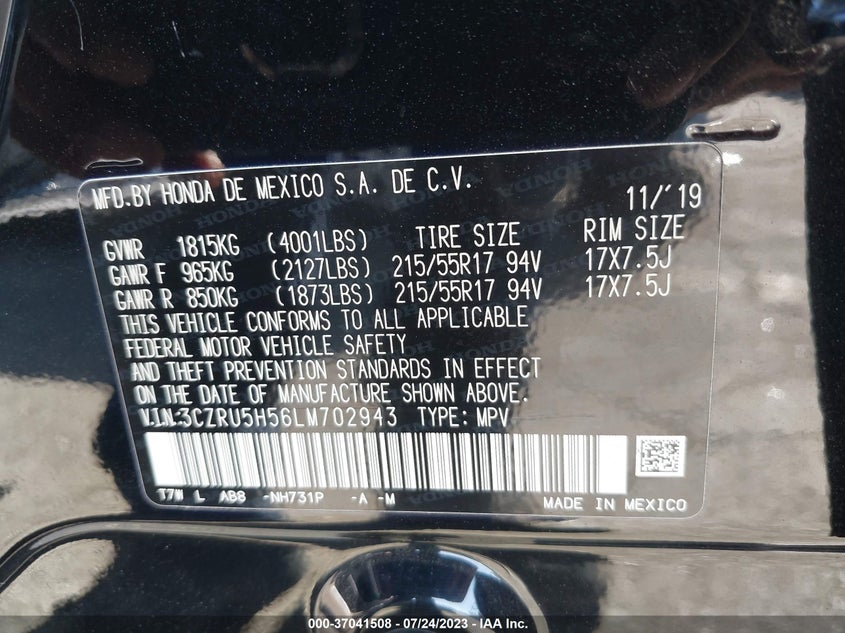 VIN 3CZRU5H56LM702943 2020 HONDA HR-V EX