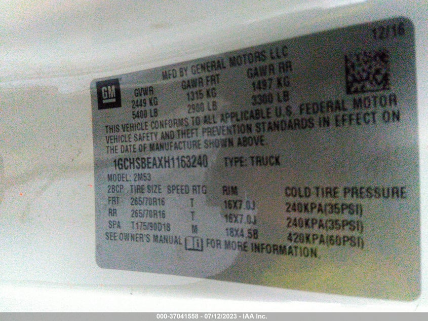 VIN 1GCHSBEAXH1163240 2017 CHEVROLET COLORADO 2WD WT