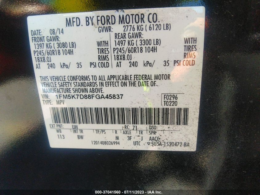 2015 FORD EXPLORER XLT - 1FM5K7D88FGA45837