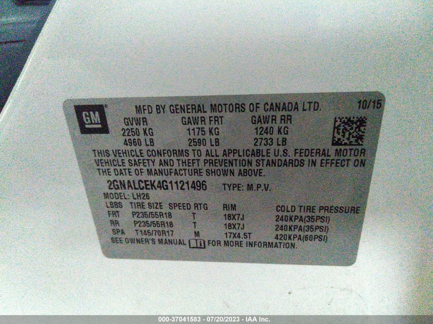 2016 CHEVROLET EQUINOX LT - 2GNALCEK4G1121496
