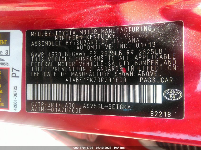 2013 TOYOTA CAMRY L/LE/SE/XLE - 4T4BF1FK7DR281803
