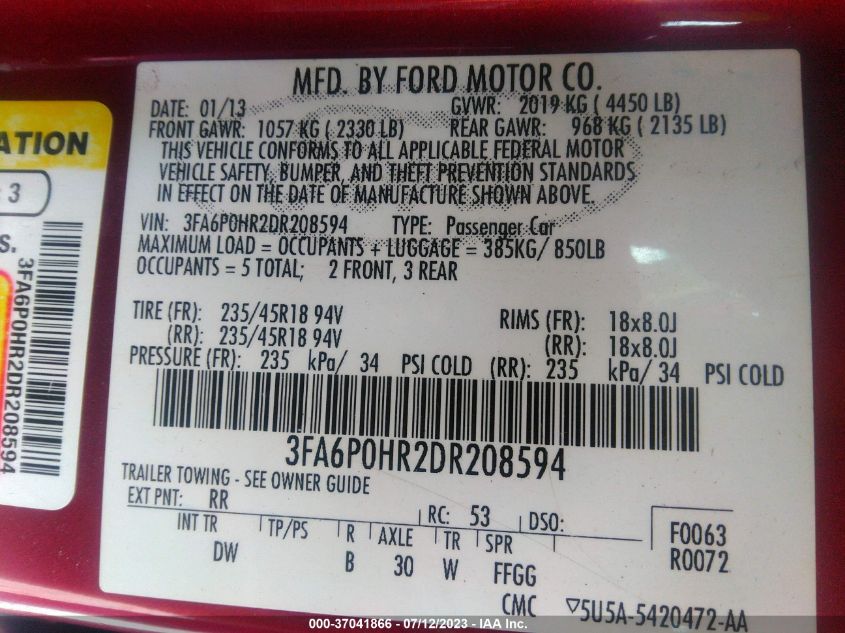 3FA6P0HR2DR208594 2013 FORD FUSION, photo no. 9