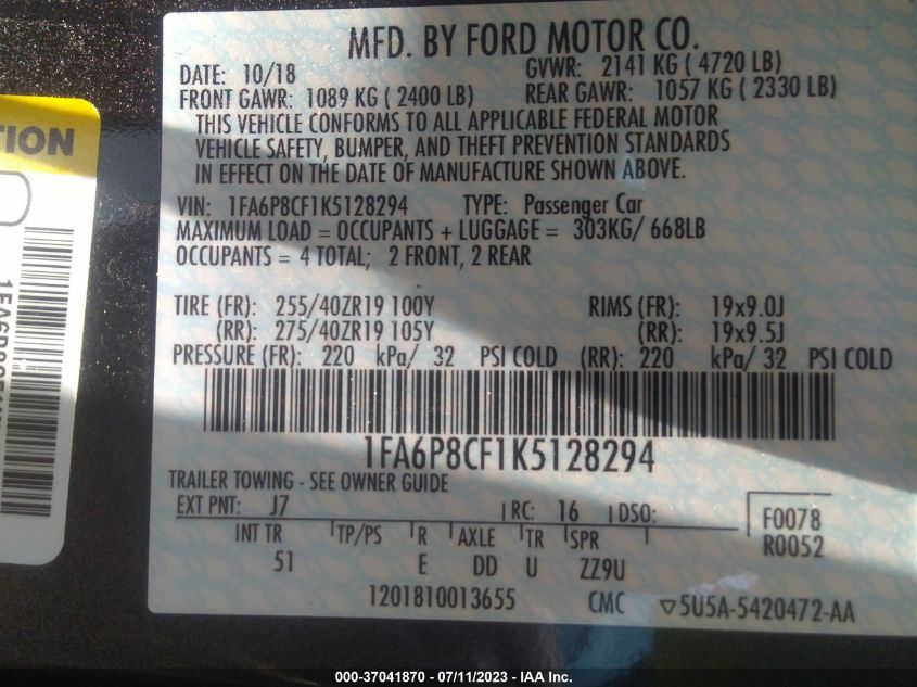 2019 FORD MUSTANG GT - 1FA6P8CF1K5128294
