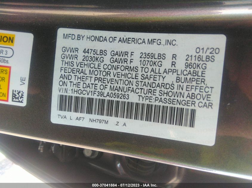 2020 HONDA ACCORD SEDAN SPORT - 1HGCV1F39LA059263
