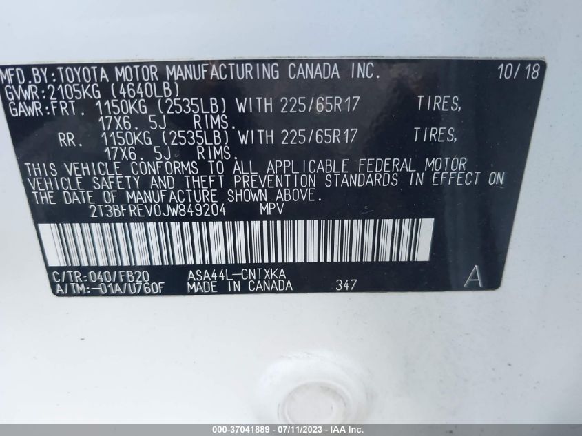 2018 TOYOTA RAV4 LE - 2T3BFREV0JW849204