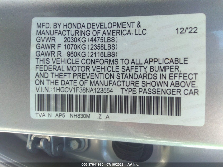 VIN 1HGCV1F38NA123554 2022 HONDA ACCORD SEDAN SPORT