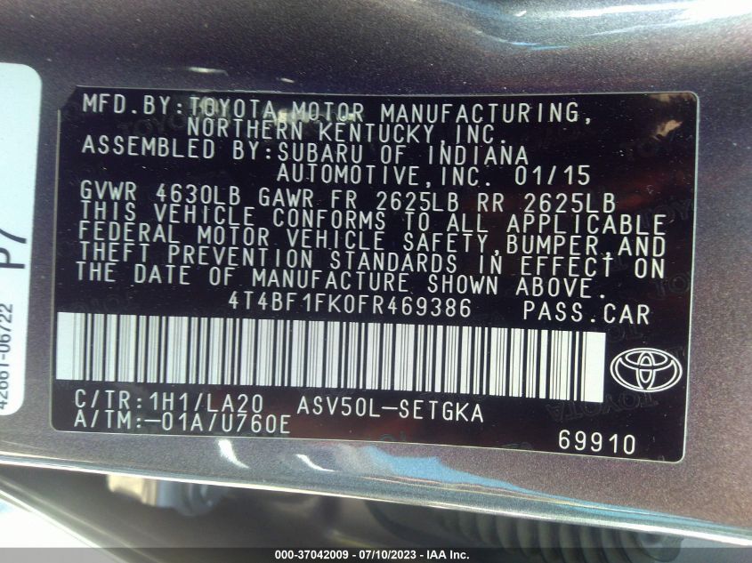 2015 TOYOTA CAMRY XLE/SE/LE/XSE - 4T4BF1FK0FR469386