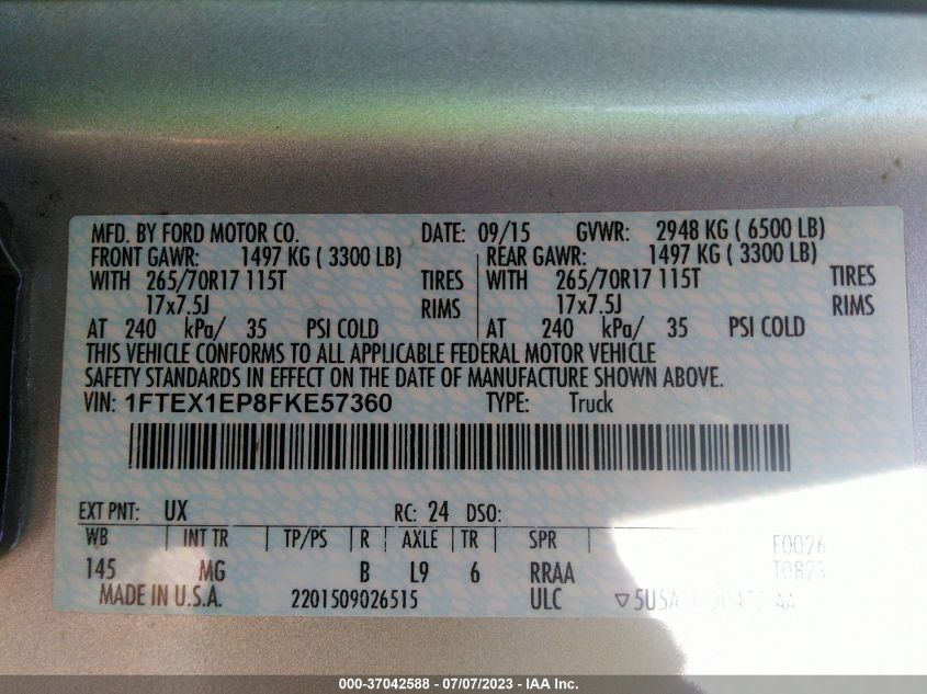 2015 FORD F-150 XLT/XL/LARIAT - 1FTEX1EP8FKE57360