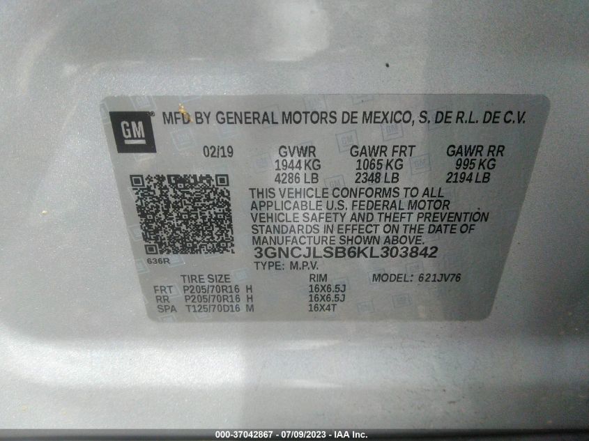 2019 CHEVROLET TRAX LT - 3GNCJLSB6KL303842