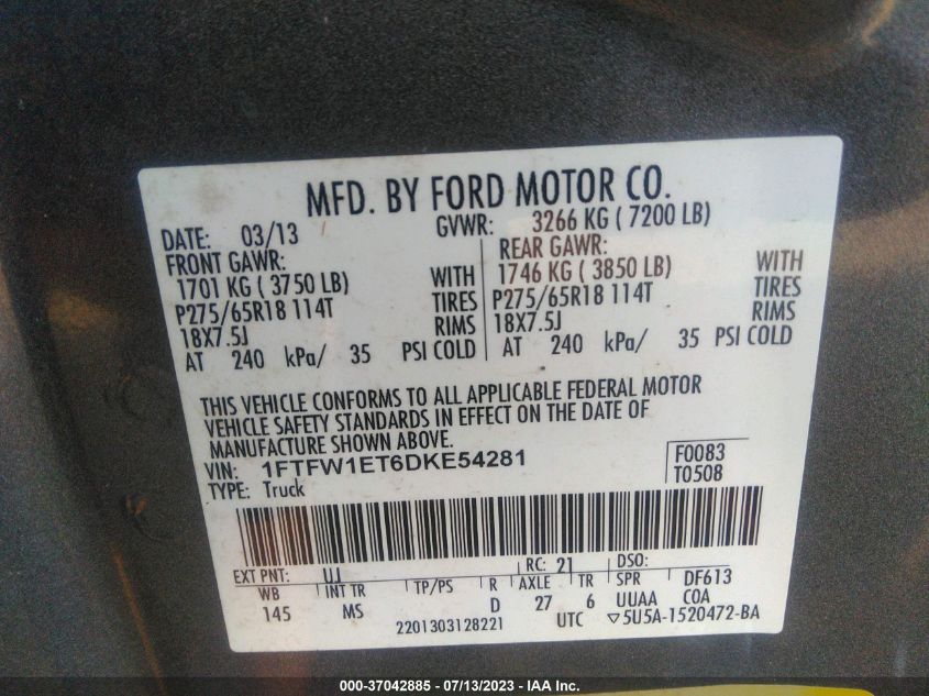 2013 FORD F-150 XL/XLT/FX4/LARIAT - 1FTFW1ET6DKE54281