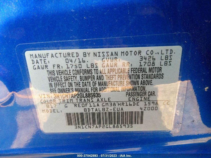 2016 NISSAN VERSA S/S PLUS/SL/SV - 3N1CN7AP2GL885935