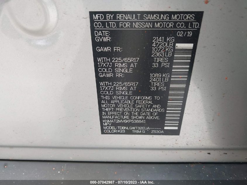 VIN KNMAT2MV6KP538841 2019 NISSAN ROGUE S/SV