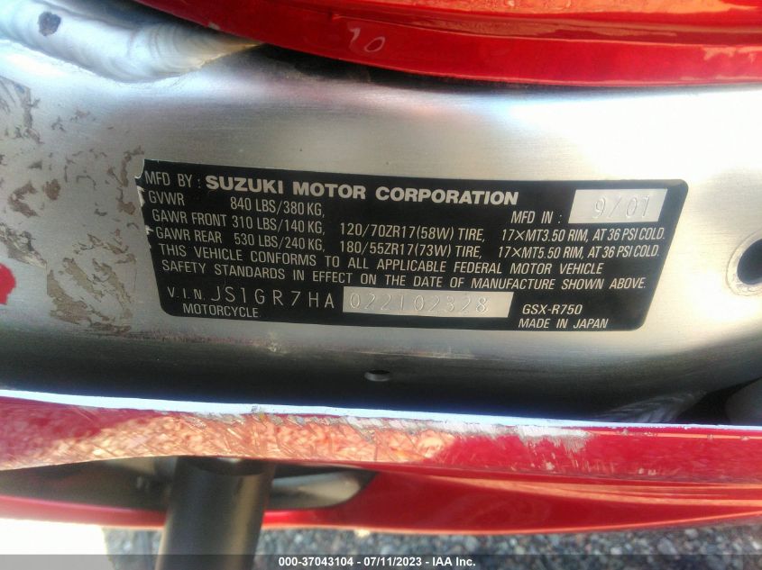 2002 SUZUKI GSX-R750 - JS1GR7HA022102328