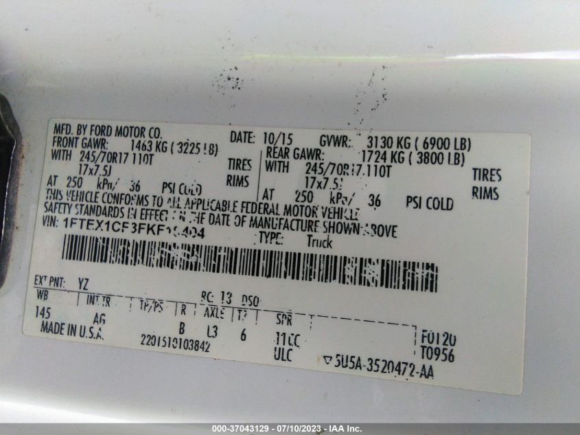 2015 FORD F-150 XL/LARIAT/XLT - 1FTEX1CF3FKF19404
