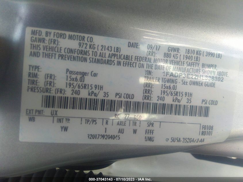 2017 FORD FOCUS S - 1FADP3E22HL338802