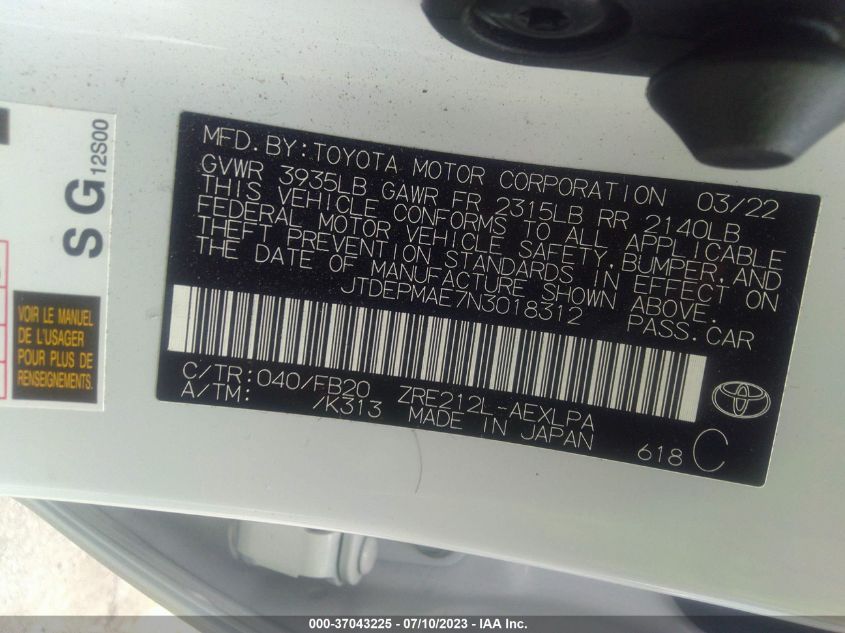 2022 TOYOTA COROLLA LE - JTDEPMAE7N3018312