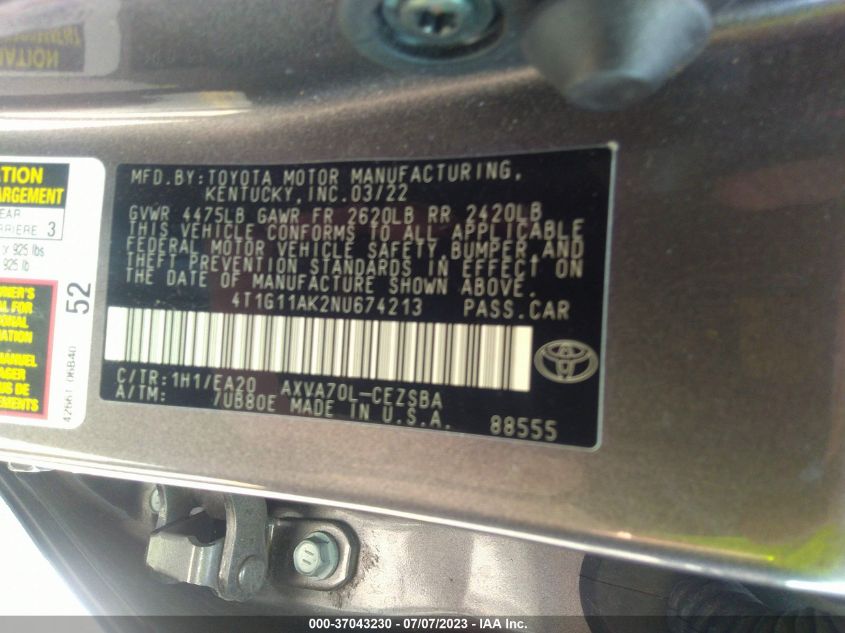 2022 TOYOTA CAMRY SE - 4T1G11AK2NU674213