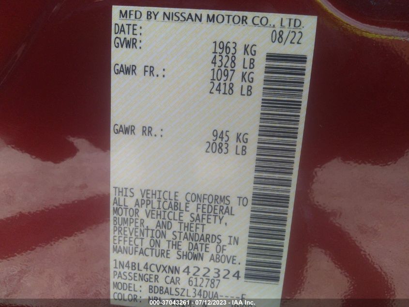 2022 NISSAN ALTIMA 2.5 SR - 1N4BL4CVXNN422324