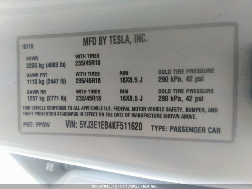 2019 TESLA MODEL 3 LONG RANGE/PERFORMANCE - 5YJ3E1EB4KF511620