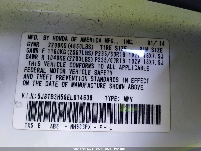 2014 ACURA RDX TECH PKG - 5J8TB3H59EL014639