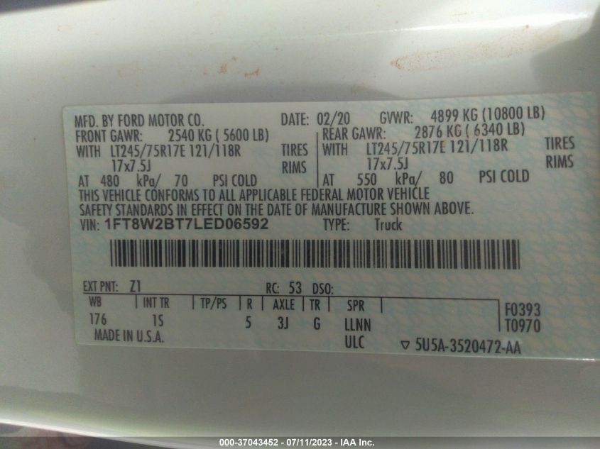 2020 FORD F250 SUPER DUTY 1FT8W2BT7LED06592