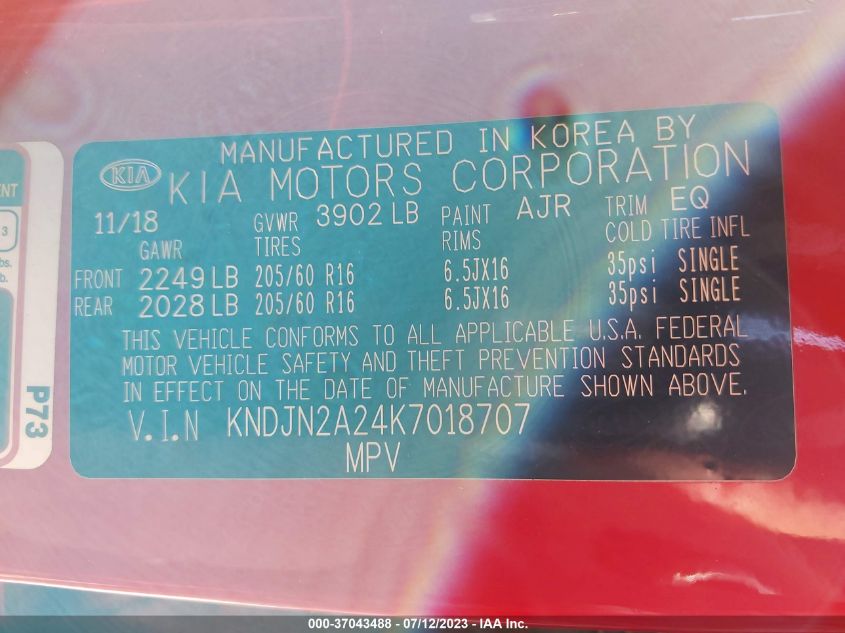 2019 KIA SOUL BASE - KNDJN2A24K7018707