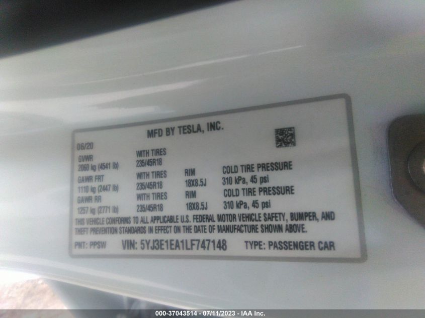 2020 TESLA MODEL 3 - 5YJ3E1EA1LF747148
