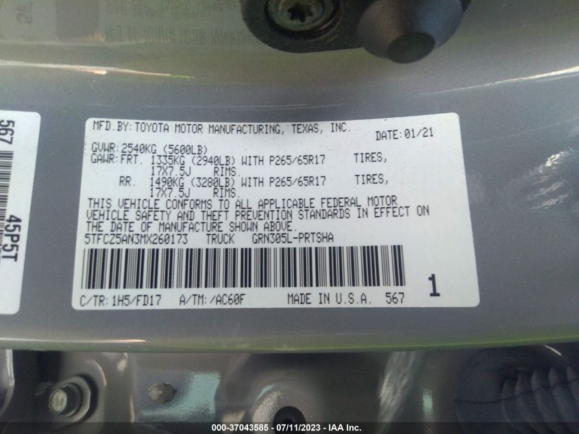 2021 TOYOTA TACOMA 4WD SR/SR5/TRD SPORT - 5TFCZ5AN3MX260173