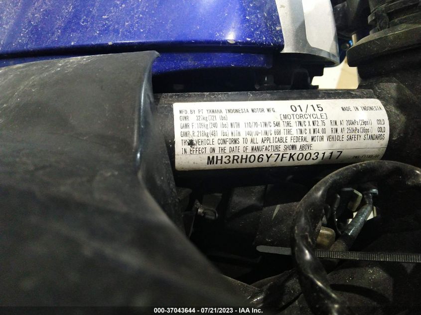 2015 YAMAHA YZFR3 MH3RH06Y7FK003117