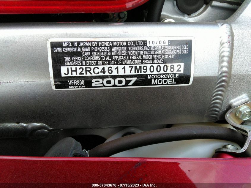 2007 HONDA VFR800 JH2RC46117M900082