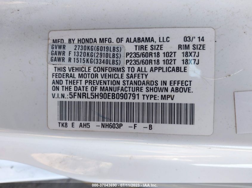 2014 HONDA ODYSSEY TOURING/TOURING ELITE - 5FNRL5H90EB090791