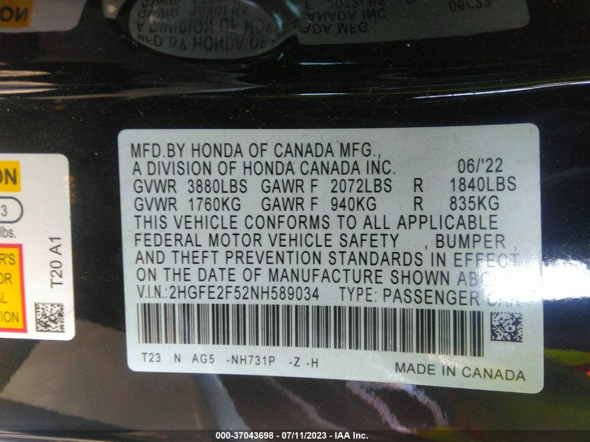 2022 HONDA CIVIC SEDAN SPORT - 2HGFE2F52NH589034