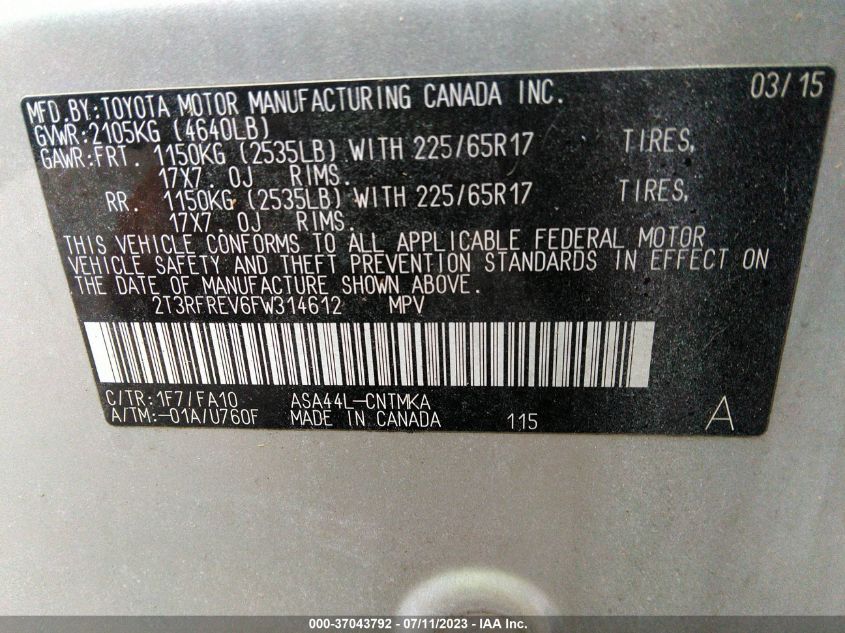 2015 TOYOTA RAV4 XLE - 2T3RFREV6FW314612