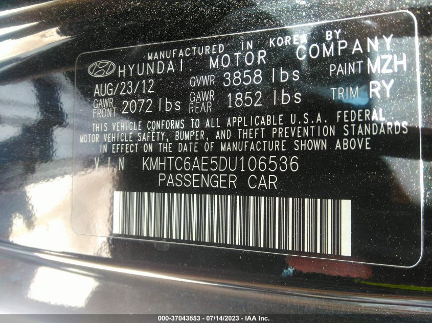 2013 HYUNDAI VELOSTER TURBO W/BLUE INT - KMHTC6AE5DU106536
