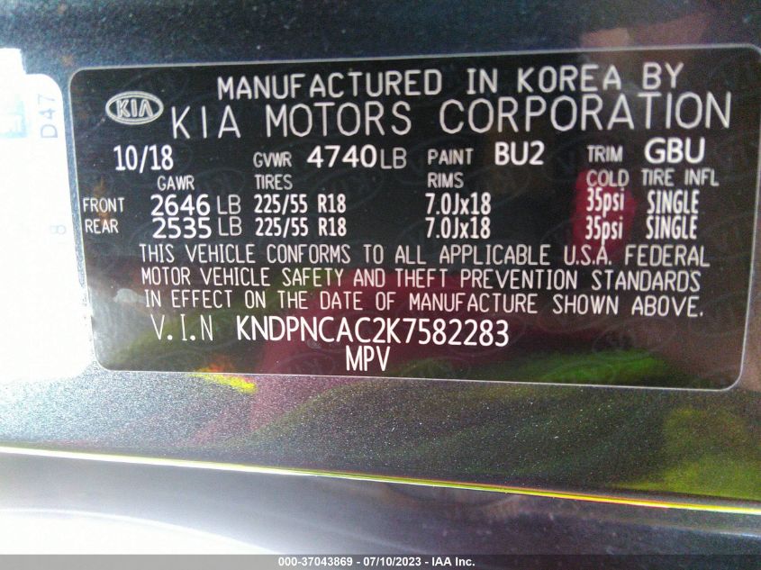 2019 KIA SPORTAGE EX - KNDPNCAC2K7582283