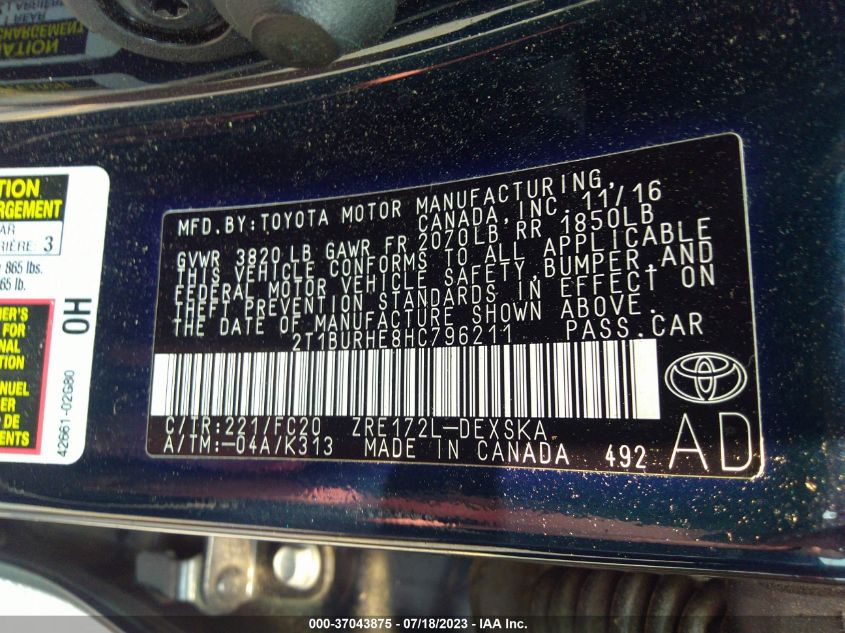 2017 TOYOTA COROLLA L/LE/XLE/SE - 2T1BURHE8HC796211