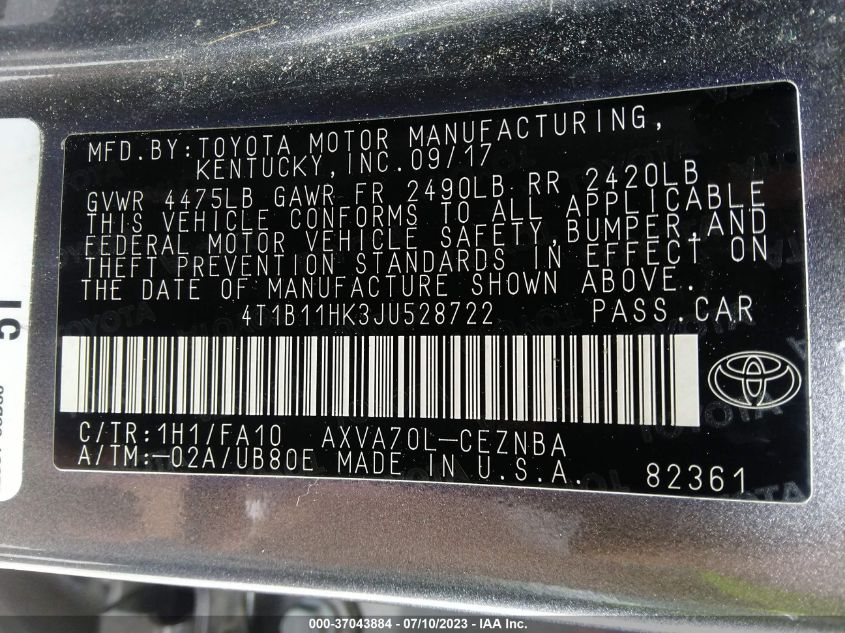 2018 TOYOTA CAMRY LE/SE/XLE/L - 4T1B11HK3JU528722