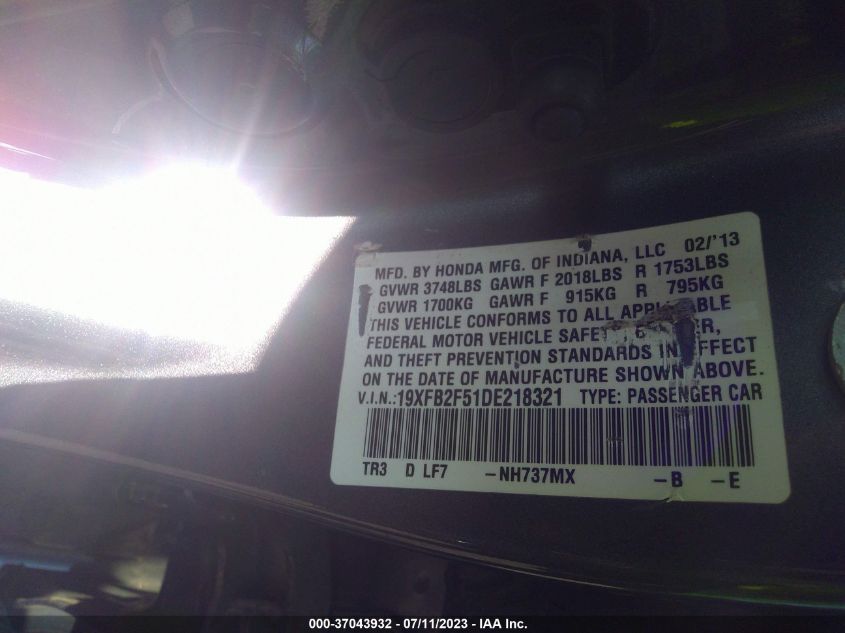 2013 HONDA CIVIC LX - 19XFB2F51DE218321