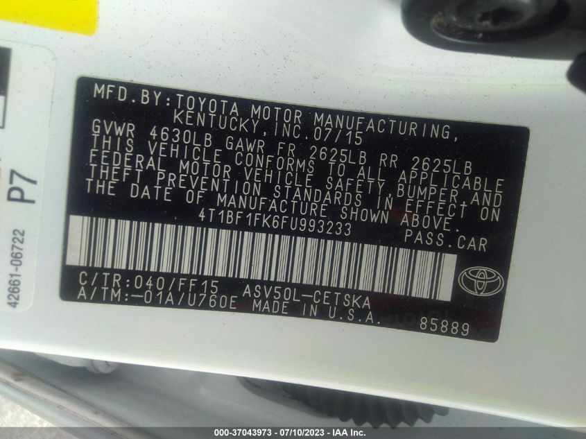 2015 TOYOTA CAMRY XLE/SE/LE/XSE - 4T1BF1FK6FU993233