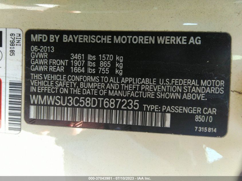 2013 MINI COOPER HARDTOP - WMWSU3C58DT687235