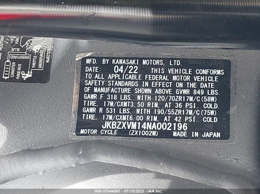 2022 KAWASAKI ZX1002 M JKBZXVM14NA002196