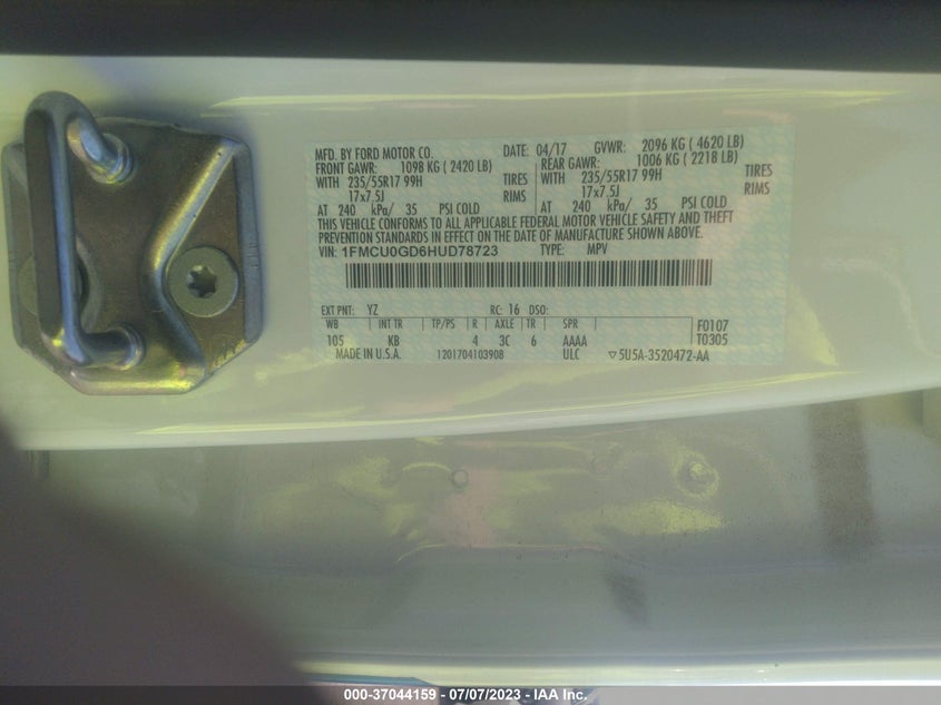VIN 1FMCU0GD6HUD78723 2017 FORD ESCAPE SE
