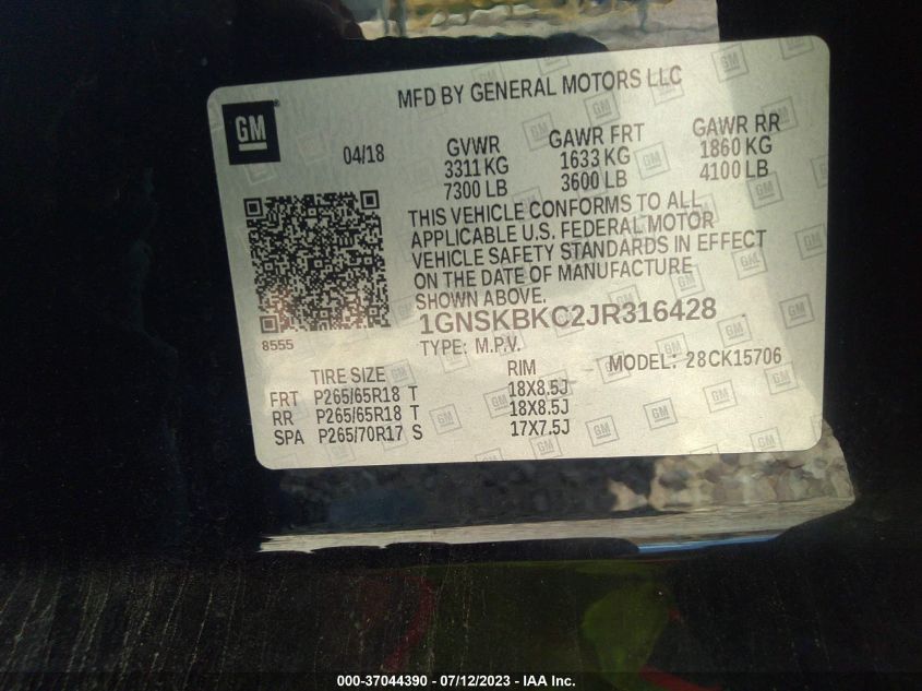 2018 CHEVROLET TAHOE LT - 1GNSKBKC2JR316428