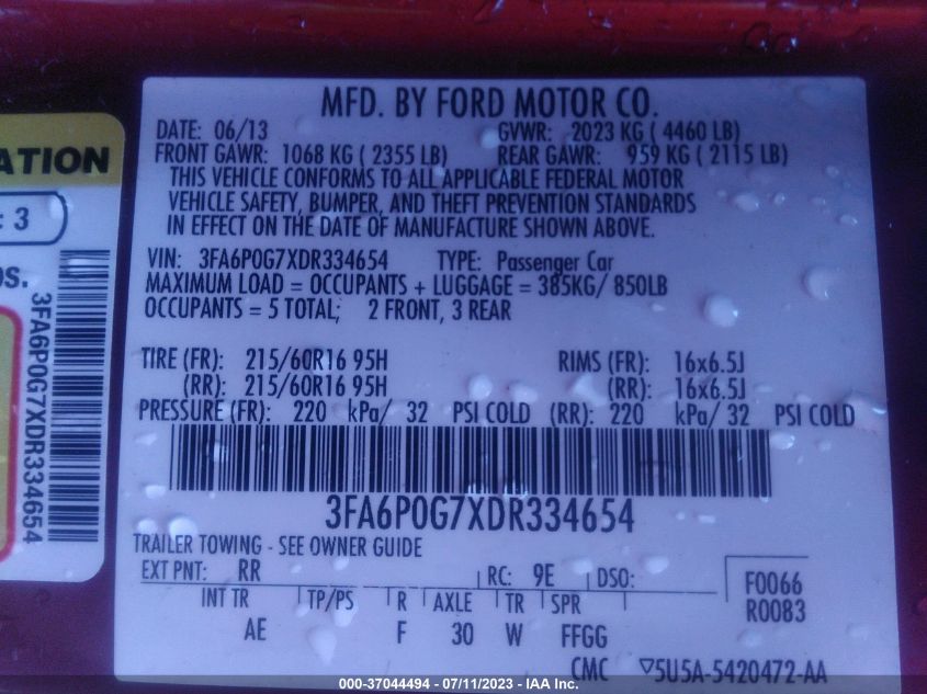 2013 FORD FUSION S - 3FA6P0G7XDR334654