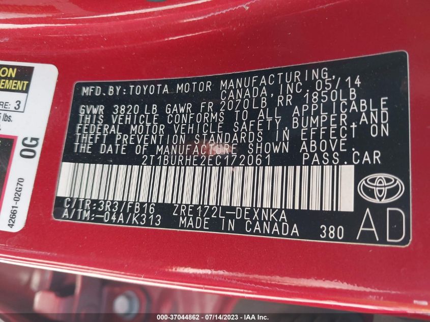 2014 TOYOTA COROLLA L/LE/S/S PLUS/LE PLUS - 2T1BURHE2EC172061