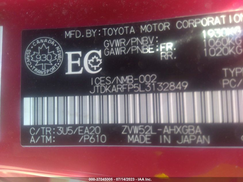 2020 TOYOTA PRIUS PRIME LE/XLE/LIMITED - JTDKARFP5L3132849