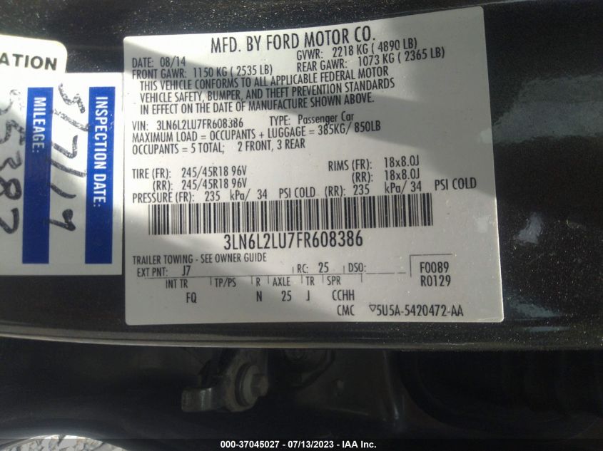 2015 LINCOLN MKZ HYBRID - 3LN6L2LU7FR608386