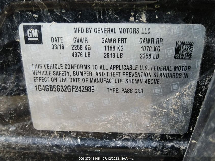 2016 BUICK LACROSSE LEATHER - 1G4GB5G32GF242989